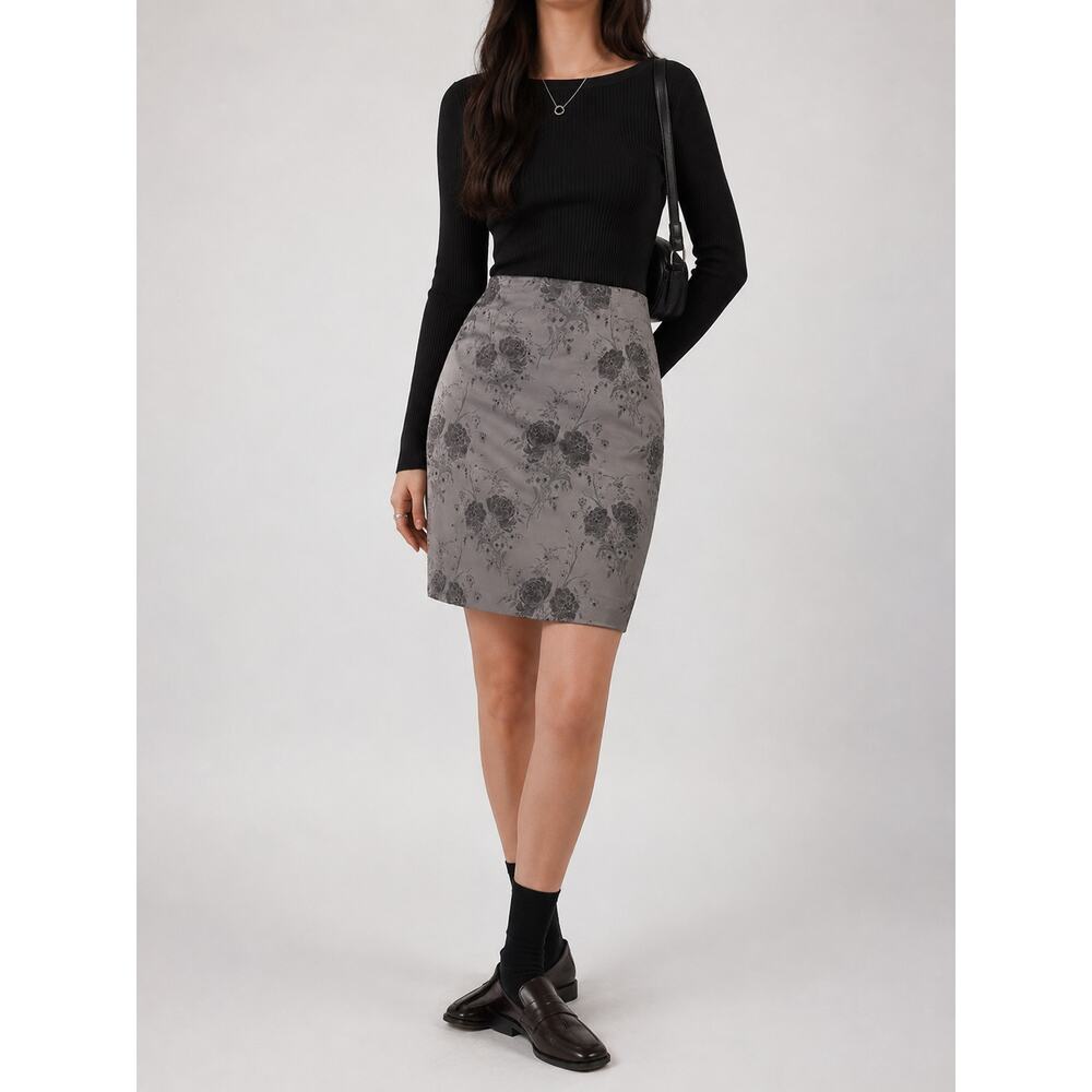Y2K David Meister Gray Floral Romantic Goth Skirt Beaded Embellished Size 12